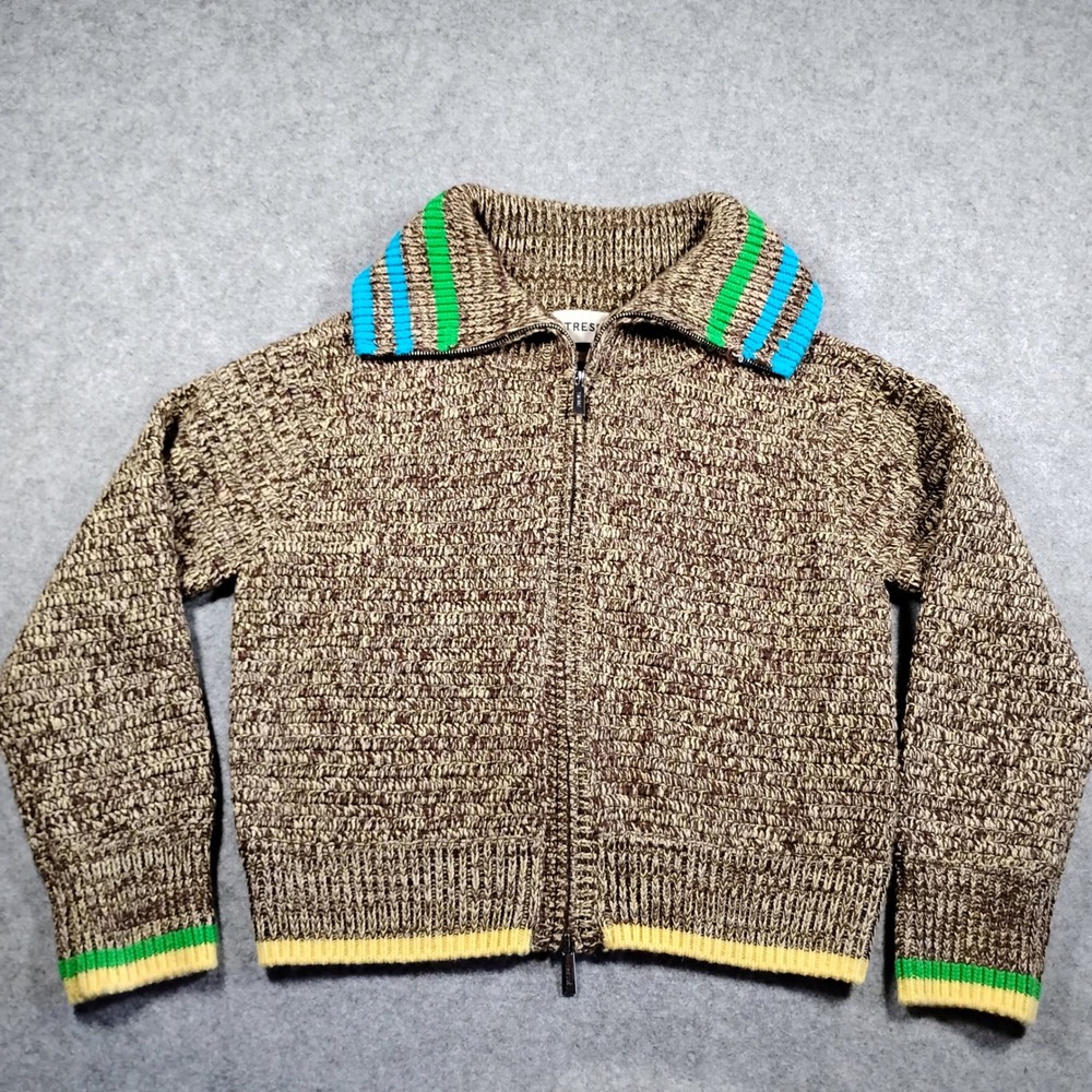 Chunky Zip-Front Brown Cardigan Sweater with Green & Blue Trim